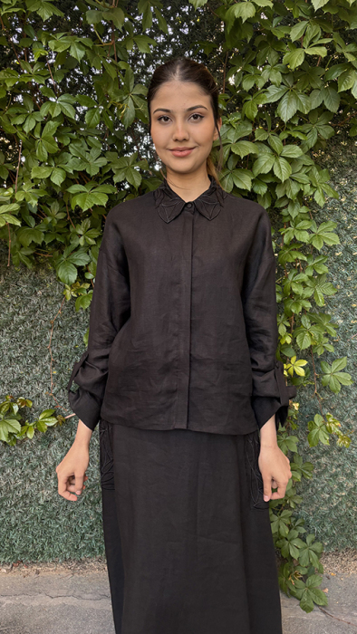 Si Design Yakası Yaprak Desenli Keten Gömlek BLACK - 4