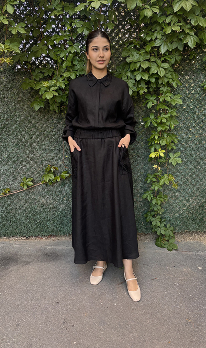 Si Design Yakası Yaprak Desenli Keten Gömlek BLACK - 6