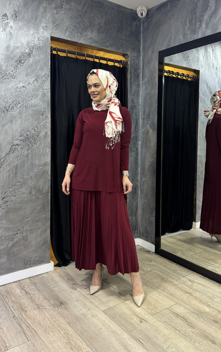 Afili Eteği Pliseli Büyük Tunik Takım BORDO - 2