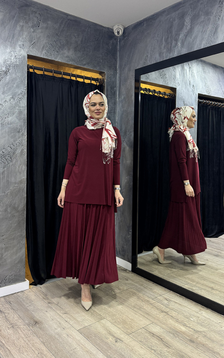 Afili Eteği Pliseli Büyük Tunik Takım BORDO - 1