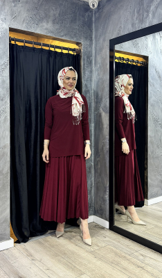 Afili Eteği Pliseli Büyük Tunik Takım BORDO - 4