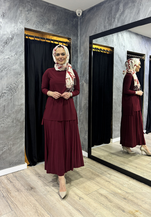 Afili Eteği Pliseli Büyük Tunik Takım BORDO - 3