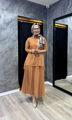 Afili Eteği Pliseli Büyük Tunik Takım KAYISI 