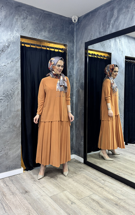 Afili Eteği Pliseli Büyük Tunik Takım KAYISI - 3