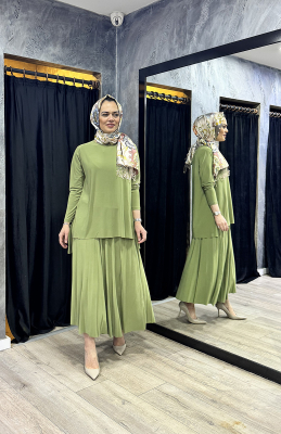 Afili Eteği Pliseli Büyük Tunik Takım YEŞİL 
