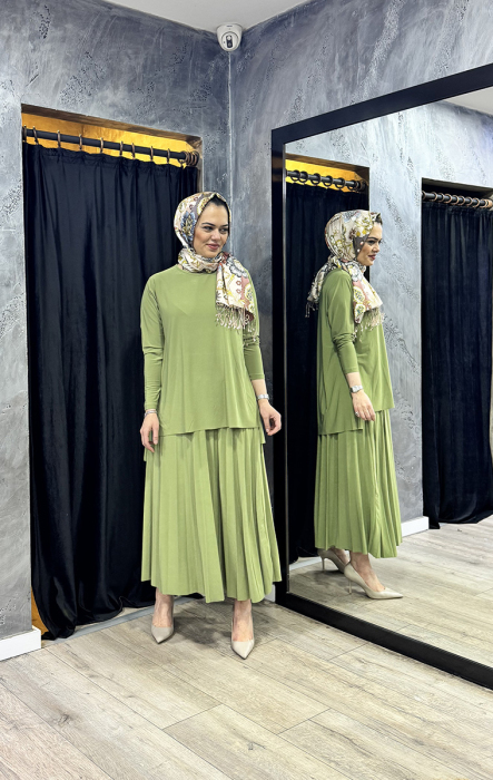 Afili Eteği Pliseli Büyük Tunik Takım YEŞİL - 3