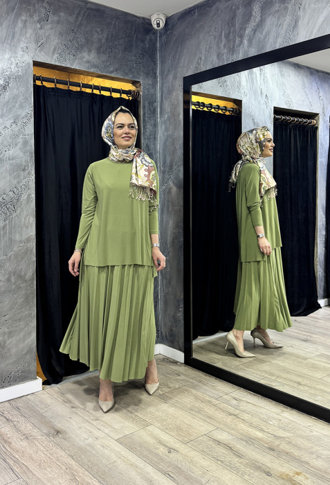 Afili Eteği Pliseli Büyük Tunik Takım YEŞİL - 4