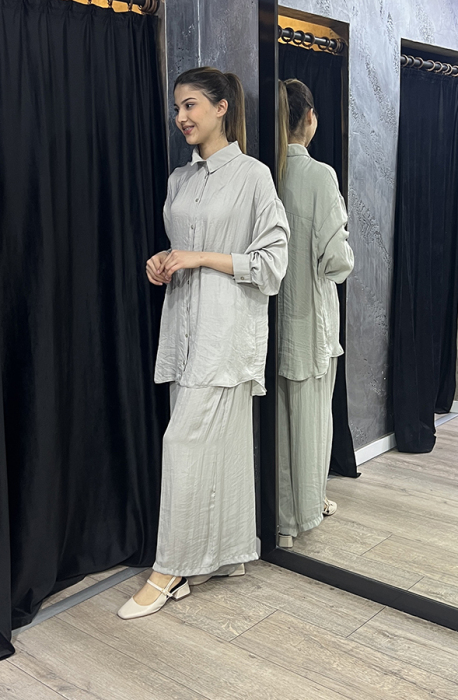 Ceremony Önden Düğmeli Pantolonlu Tunik Takım GRİ - 2