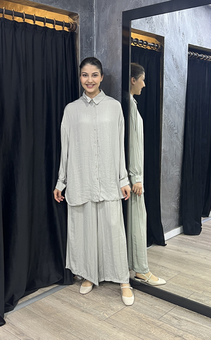 Ceremony Önden Düğmeli Pantolonlu Tunik Takım GRİ - 1