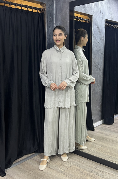 Ceremony Önden Düğmeli Pantolonlu Tunik Takım GRİ - 3