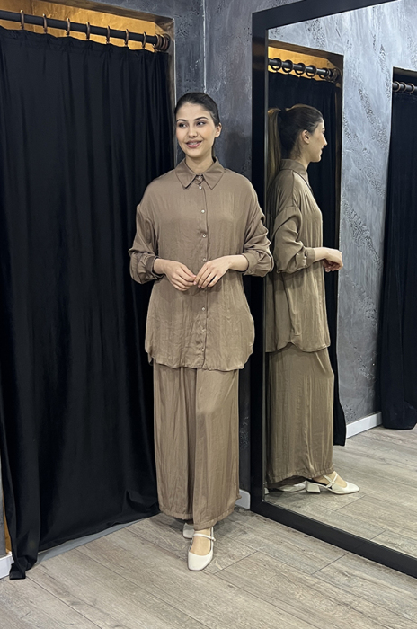 Ceremony Önden Düğmeli Pantolonlu Tunik Takım KAKAO KAHVE - 1