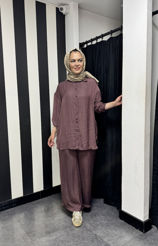 Ceremony Önden Düğmeli Pantolonlu Tunik Takım Kızıl Kahve - 2