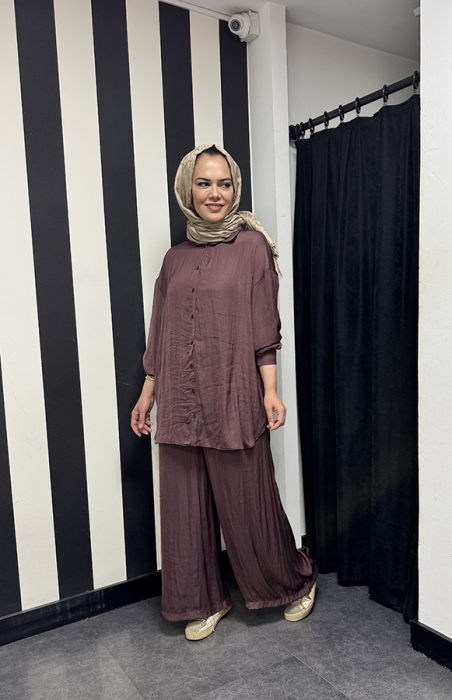 Ceremony Önden Düğmeli Pantolonlu Tunik Takım Kızıl Kahve - 3