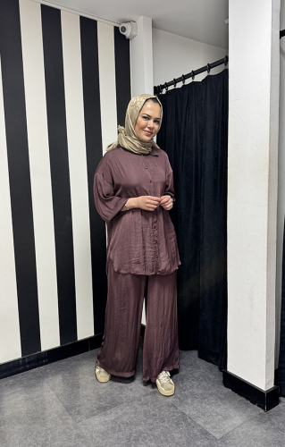 Ceremony Önden Düğmeli Pantolonlu Tunik Takım Kızıl Kahve 