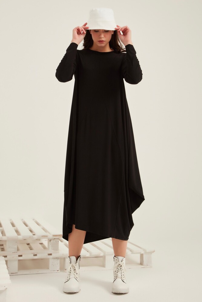 Ceremony Siyah Yakası Pis Dikiş Detaylı Salaş Sandy Elbise