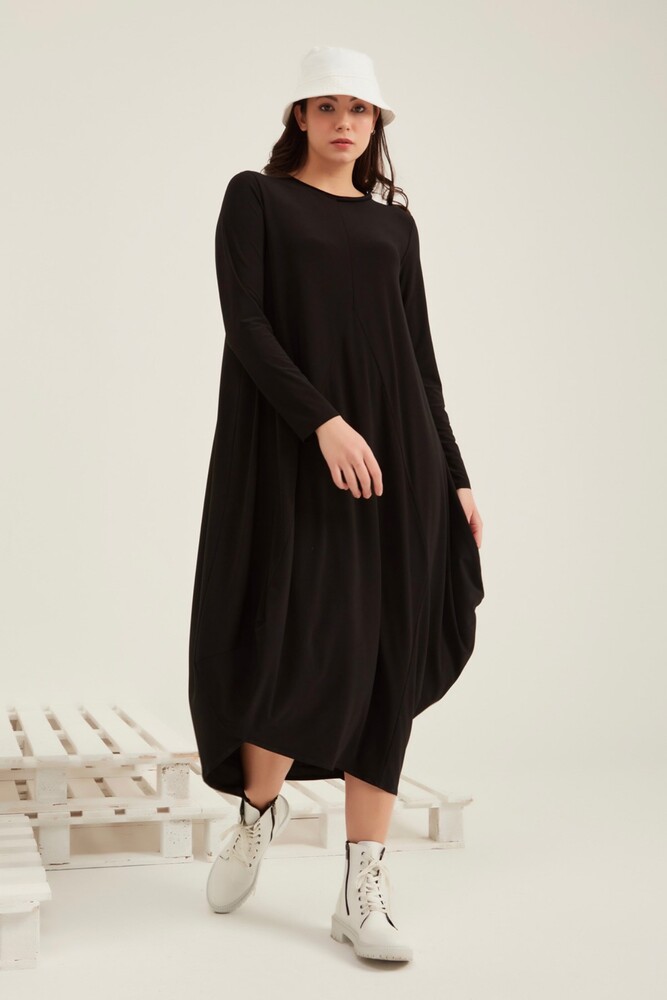 Ceremony Siyah Yakası Pis Dikiş Detaylı Salaş Sandy Elbise