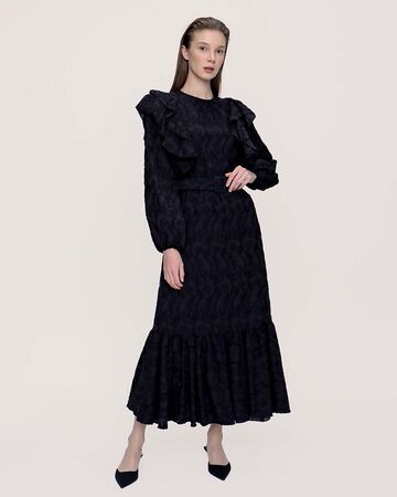 CLOCHE - Cloche Siyah Volanlı Elbise Dantelli Elbise