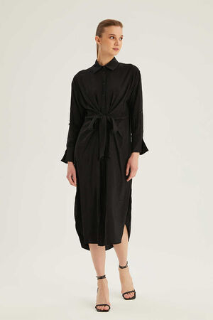 HUKKA - Hukka Siyah Boydan Düğmeli Kemerli Elbise