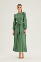 Hukka Yeşil Belden Bağlamalı Etek Kısmı Pliseli Elbise - Thumbnail