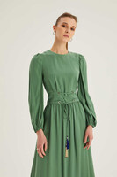 Hukka Yeşil Belden Bağlamalı Etek Kısmı Pliseli Elbise - Thumbnail