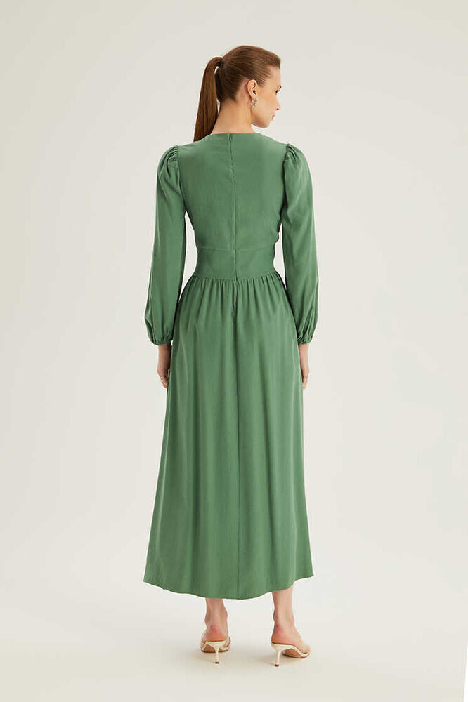 Hukka Yeşil Belden Bağlamalı Etek Kısmı Pliseli Elbise