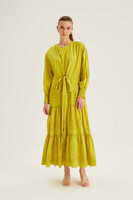 Hukka Yeşil Kolları Büzük Ve Güpür Detaylı Elbise - Thumbnail
