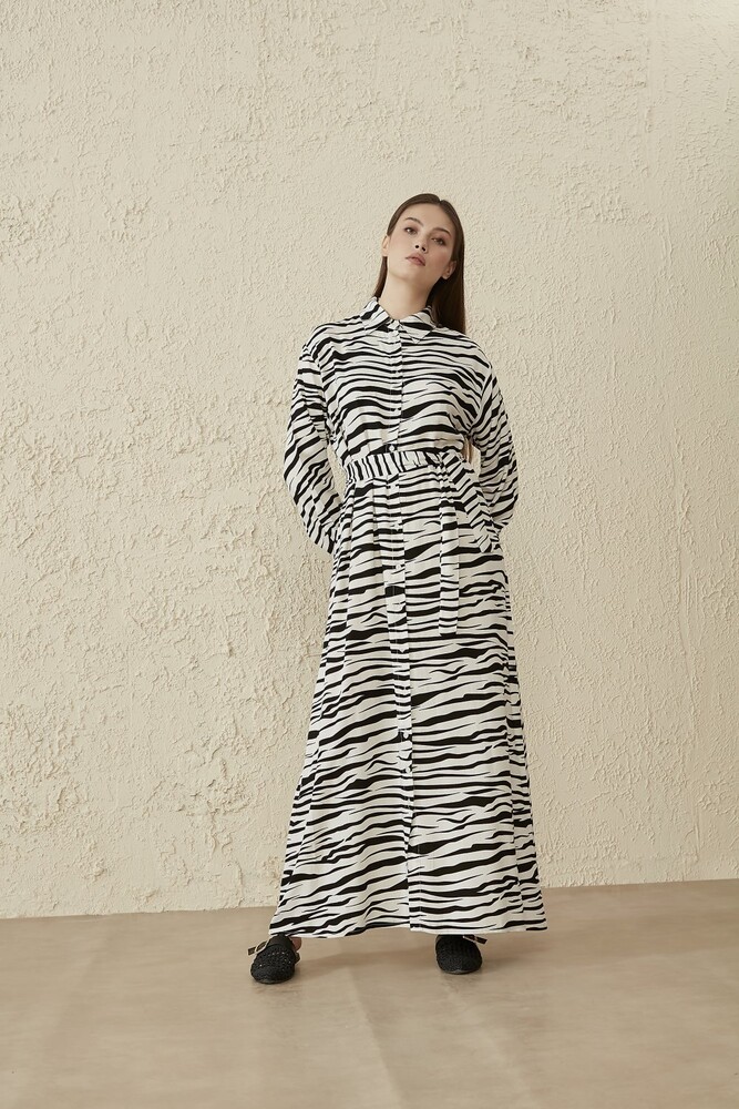 MerWish Beyaz/Siyah Zebra Yaz Elbise