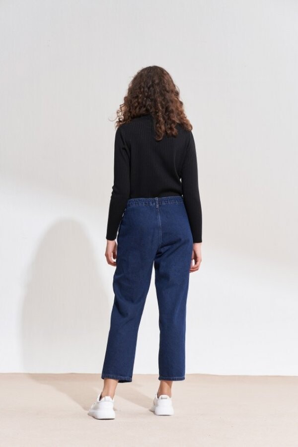 MerWish Koyu Mavi Basic Oversize Denim Pantolon