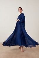 MerWish Lacivert Plisoley Elbise - Thumbnail