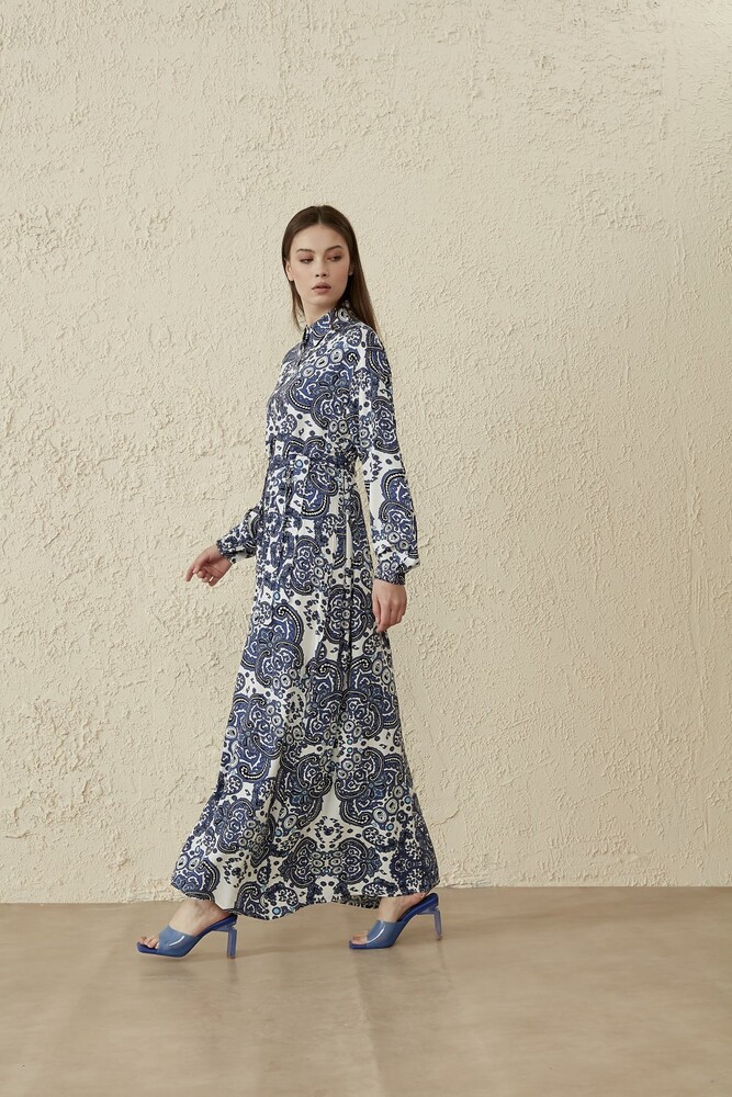 MerWish Mavi/Ekru Çini Desenli Yaz Elbise