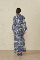 MerWish Mavi/Ekru Çini Desenli Yaz Elbise - Thumbnail