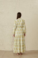 MerWish Sarı/Ekru Krep Elbise Büyük Çiçek Desenli - Thumbnail
