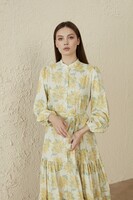 MerWish Sarı/Ekru Krep Elbise Büyük Çiçek Desenli - Thumbnail