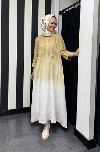 Miss Dalida degradeli Gömlek Yaka Keten Elbise CAMEL 