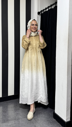 Miss Dalida degradeli Gömlek Yaka Keten Elbise CAMEL - 2