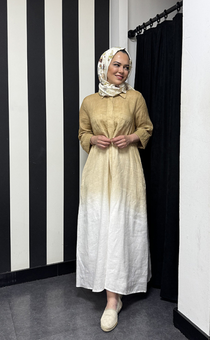 Miss Dalida degradeli Gömlek Yaka Keten Elbise CAMEL - 3