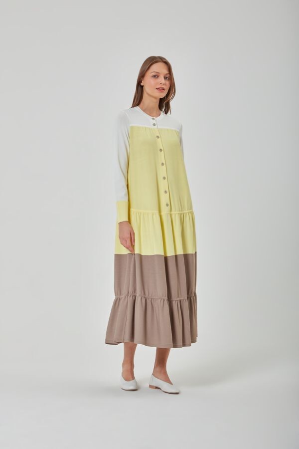 Miss Dalida Lemon Üç Renkli Fırfırlı Triko Elbise