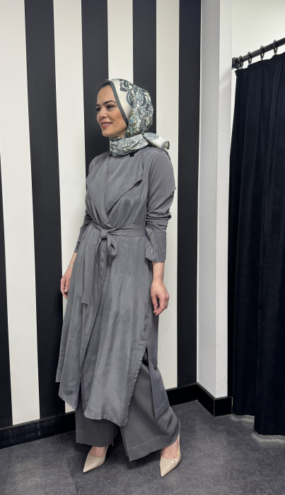 Miss Dalida Şal Yaka Cupro Triko Hırka-Tunik Takım ANTRASİT - 3