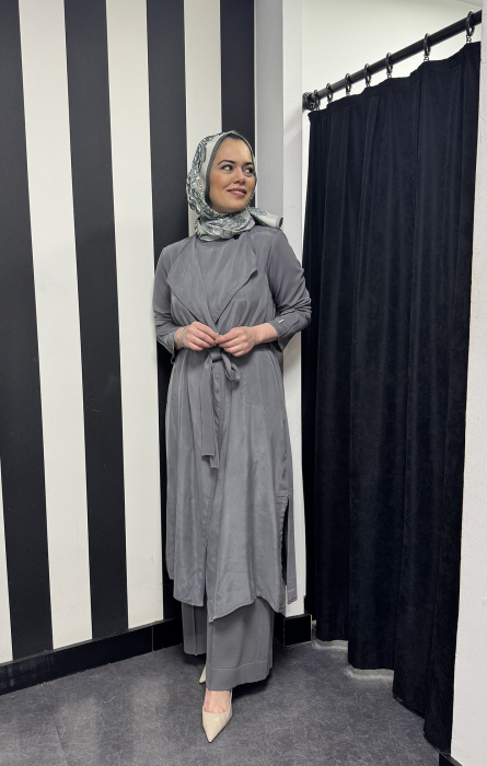 Miss Dalida Şal Yaka Cupro Triko Hırka-Tunik Takım ANTRASİT - 1