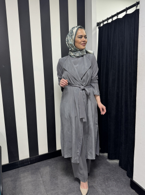 Miss Dalida Şal Yaka Cupro Triko Hırka-Tunik Takım ANTRASİT - 4