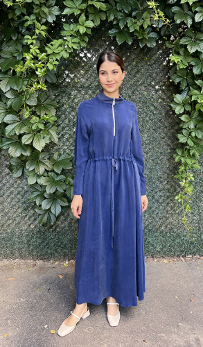 Miss Dalida Yakası Fermuarlı Beli Büzgülü Cupra Elbise Navy Blue 