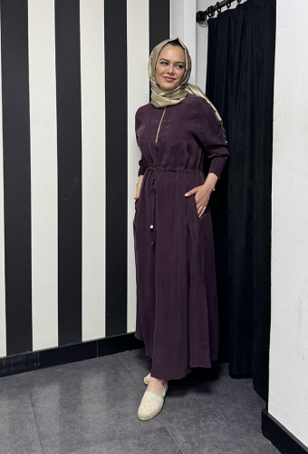 Miss Dalida Yakası Fermuarlı Beli Büzgülü Cupra Elbise Oubergine - 1