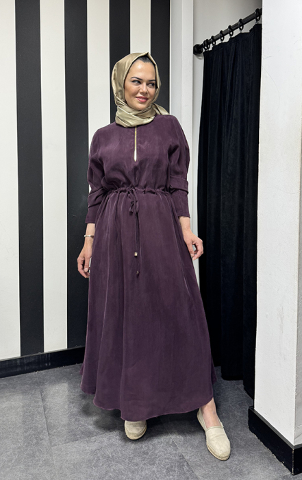 Miss Dalida Yakası Fermuarlı Beli Büzgülü Cupra Elbise Oubergine - 2