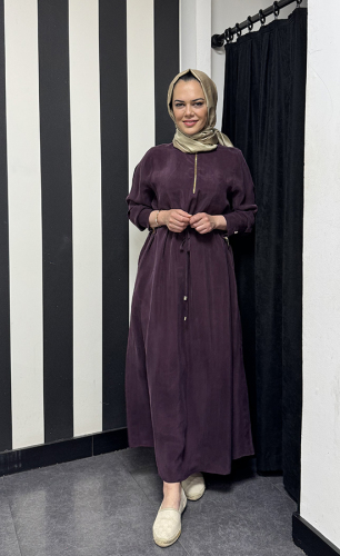 Miss Dalida Yakası Fermuarlı Beli Büzgülü Cupra Elbise Oubergine - 3