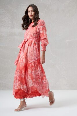 Miss Whence Kolları Lastikli Güllü Elbise PEMBE - 1