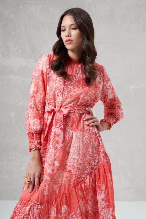 Miss Whence Kolları Lastikli Güllü Elbise PEMBE - 3