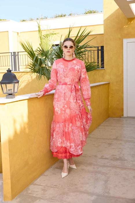 Miss Whence Kolları Lastikli Güllü Elbise PEMBE - 4