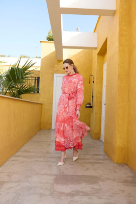 Miss Whence Kolları Lastikli Güllü Elbise PEMBE - 5