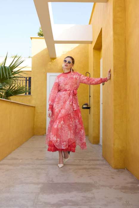 Miss Whence Kolları Lastikli Güllü Elbise PEMBE - 6