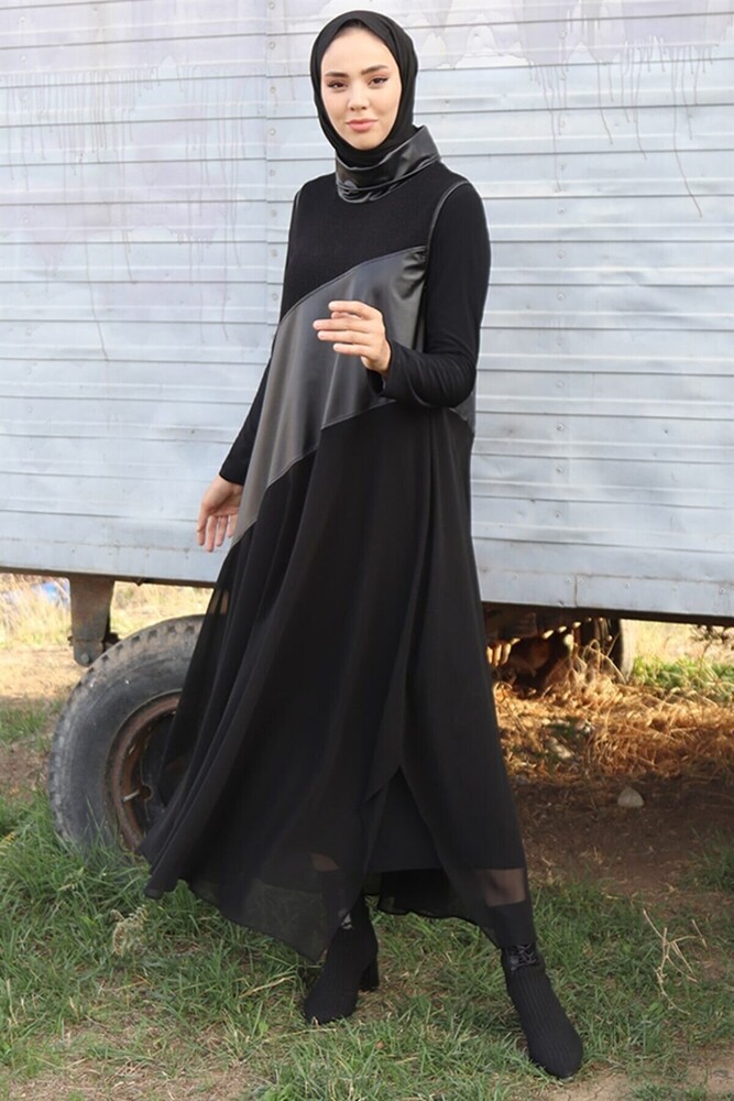 Nurcan Çetin Siyah Sandy Şifon Deri Detaylı Elbise